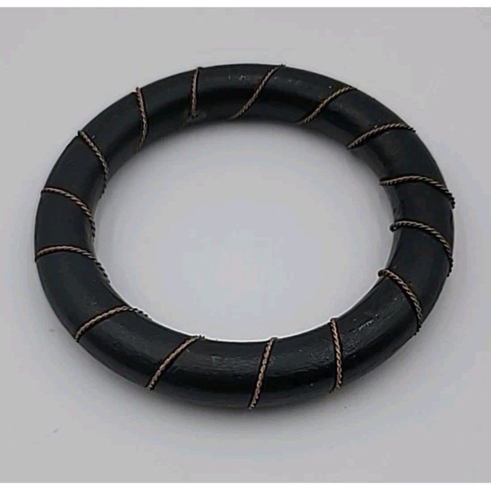 Wood Bracelet Black Round Bangle Wide Punk VTG Men Women Jewelry Wire Wrapped